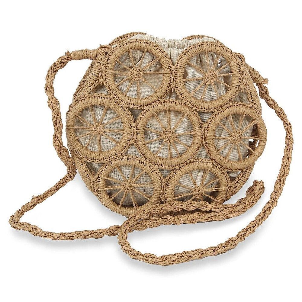 Women Petite Tan Straw Design Bag Summer Beach Weave Shoulder Bag Rattan